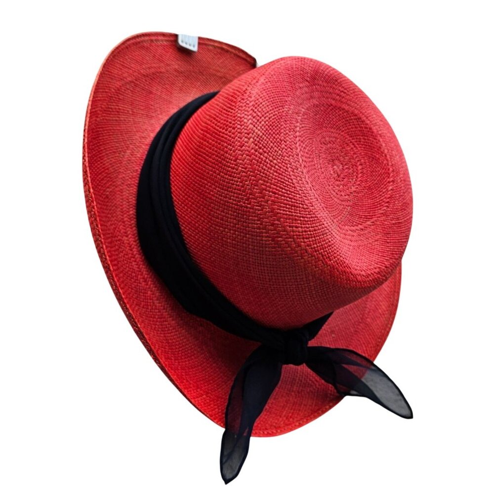 Vintage Red Straw Hat by Saks Fifth Avenue Union Label USA 22.5" Medium - Picture 12 of 16